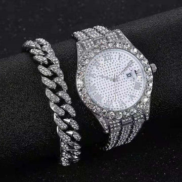 Attractive Full Iced Out Quartz Hip Hop Gold Colour Simulated Diamonds Bracelet + Watches Set for Men - The Jewellery Supermarket